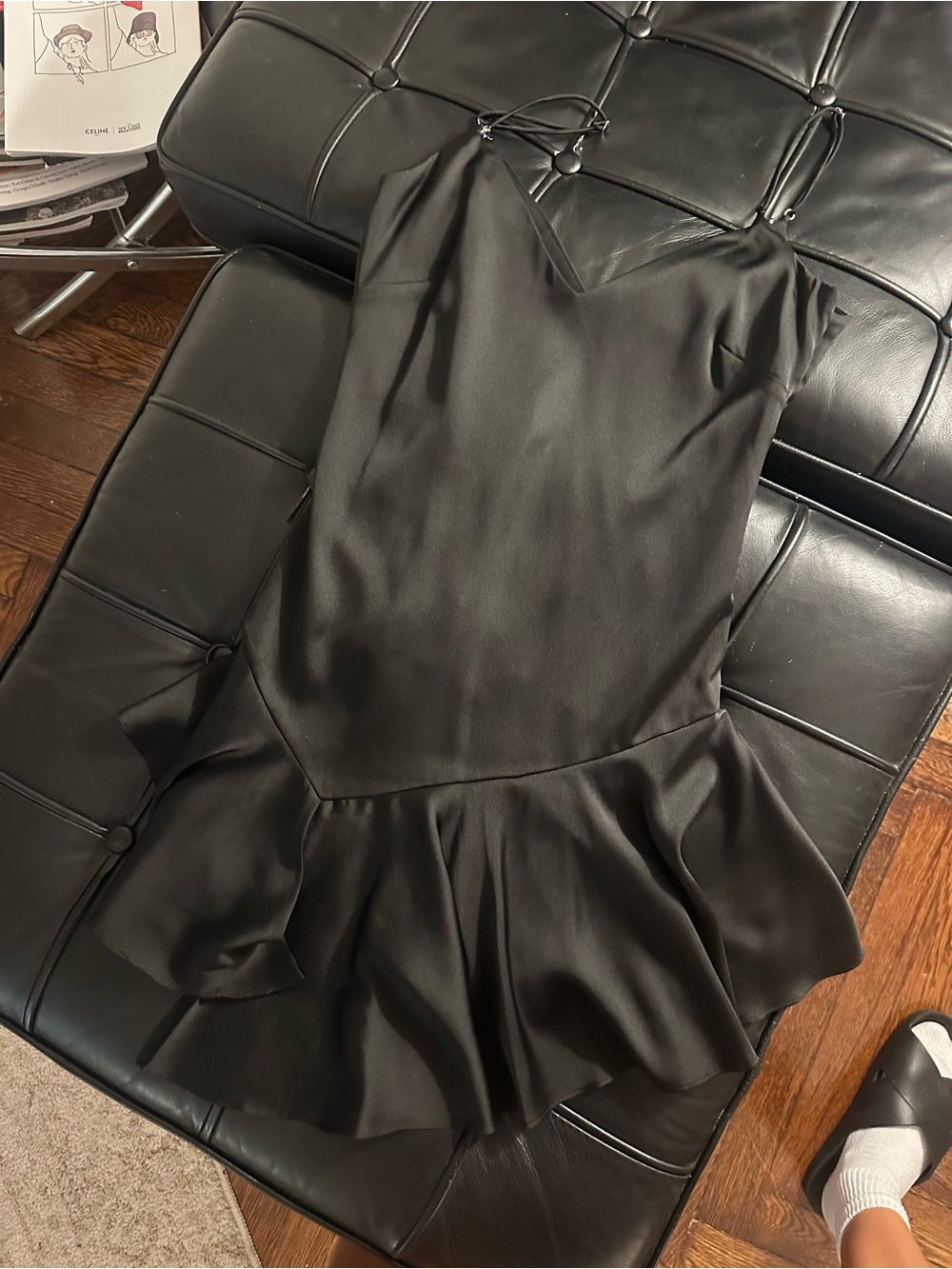 For Love And Lemons Black Satin Ruffle-Hem Mini Dress